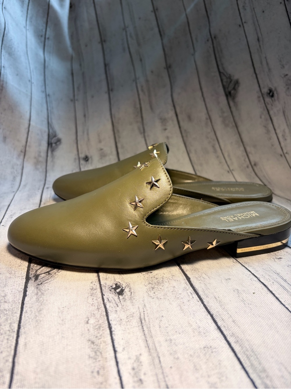 Michael Kors Olive Leather Star Stud Slide Mules - Picture 6 of 8